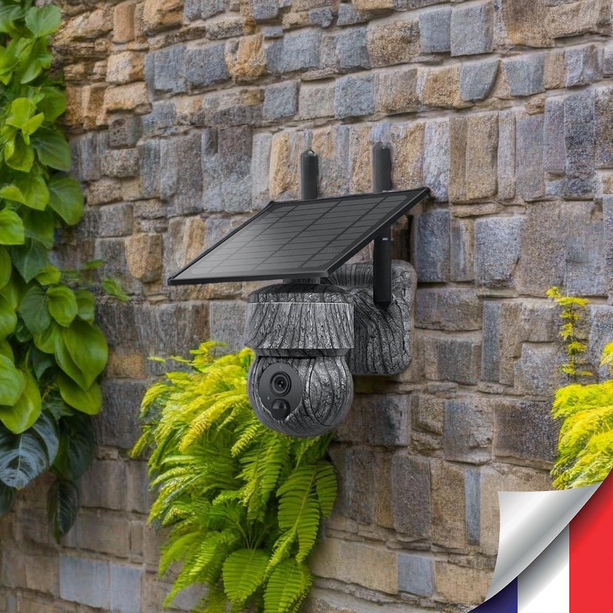 Caméra camouflage pilotable solaire WiFi Ultra HD 2K alerte détection humaine AI sirène vision nocturne application iOS & android microSD 128Go