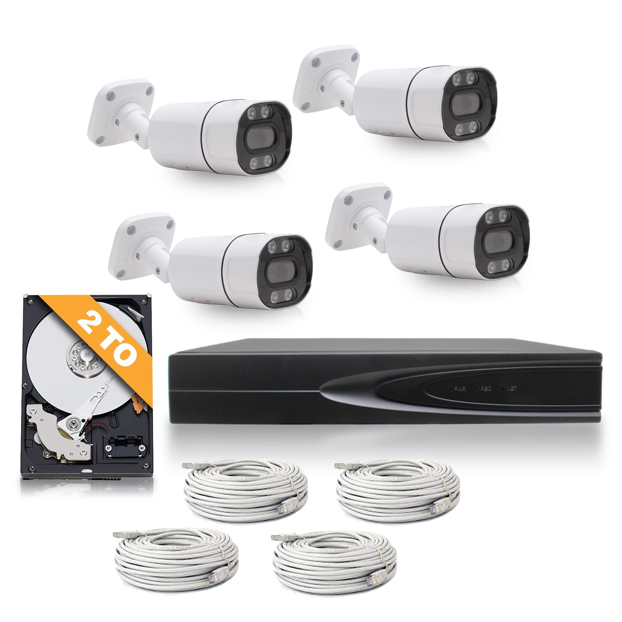 Kit Vidéo Surveillance AI 4 caméras 4K POE intérieur extérieur avec enregistreur NVR POE disque dur 2To et 4 câbles 20m 