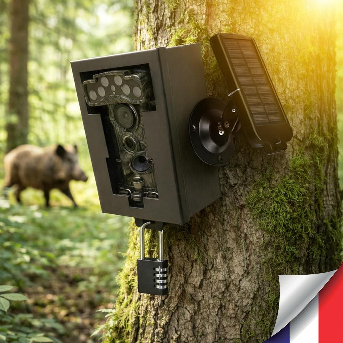 Caméra de Chasse solaire Wi-Fi 3K Ultra-HD Photos 32 MP, Vidéo 3K Audio, Vision Nocturne Invisible, IP68, box antivandal 