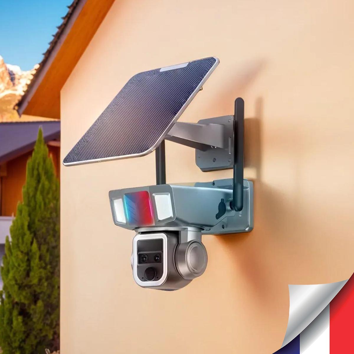 Double caméra pilotable solaire Wifi Ultra HD 2K waterproof Zoom X20 autotracking IR détection de mouvement avec alarme et sirène compatible iOS et Android avec microSD 128 Go