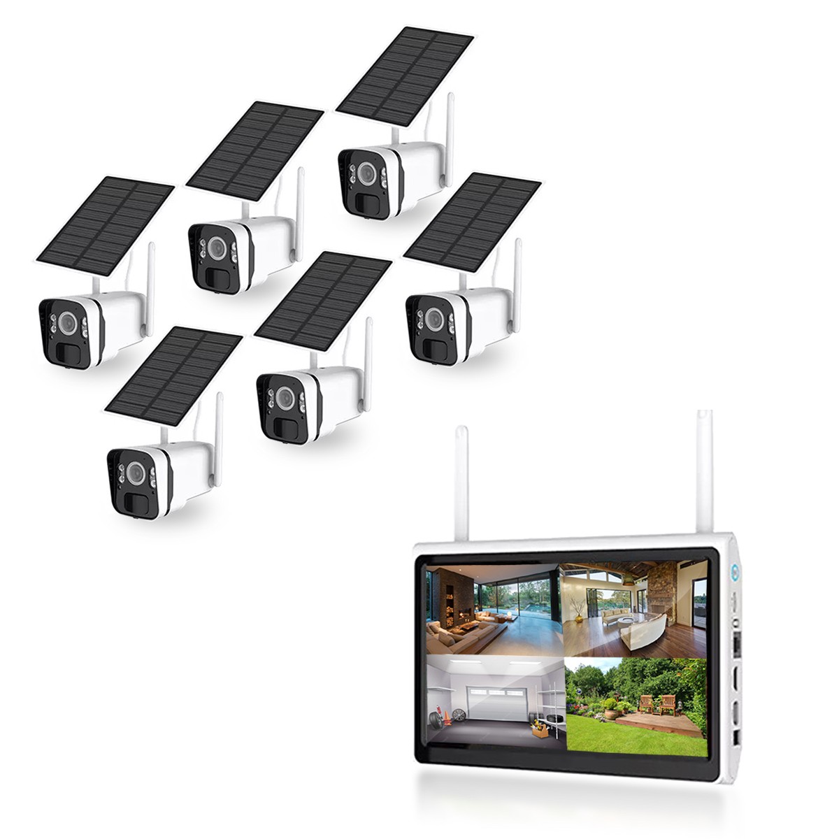 Kit vidéosurveillance 6 caméras solaires UHD 2K Wifi un écran LCD 10.1 récepteur enregistreur microSD 128 Go 