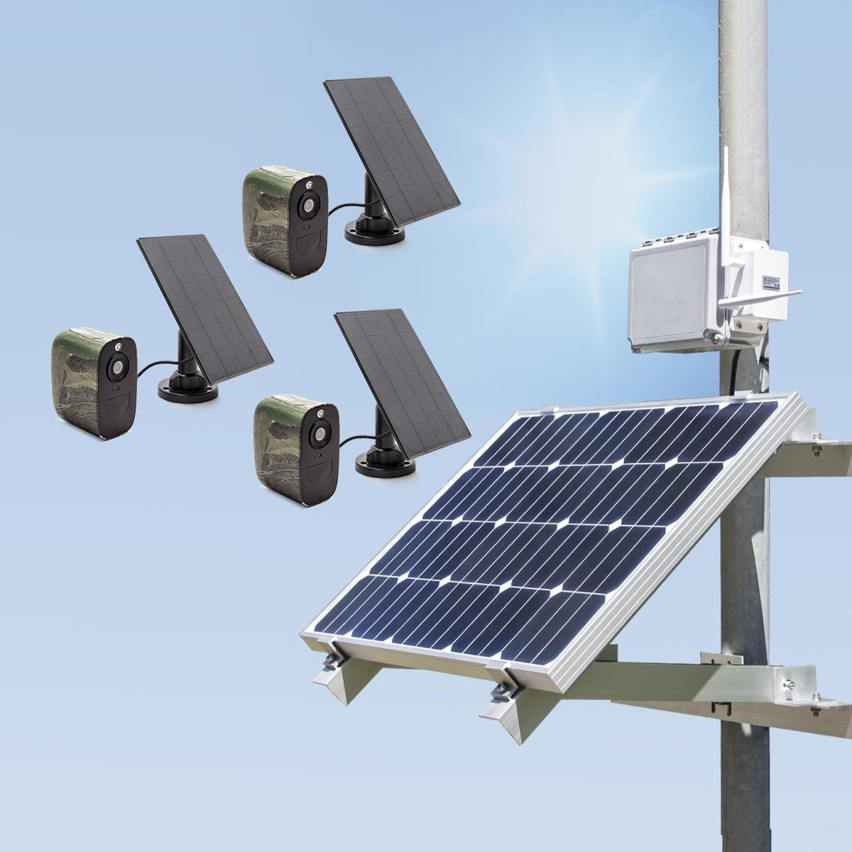 Kit de vidéosurveillance 3G 4G autonome solaire avec 3 caméras camouflages solaires WiFi très longue autonomie