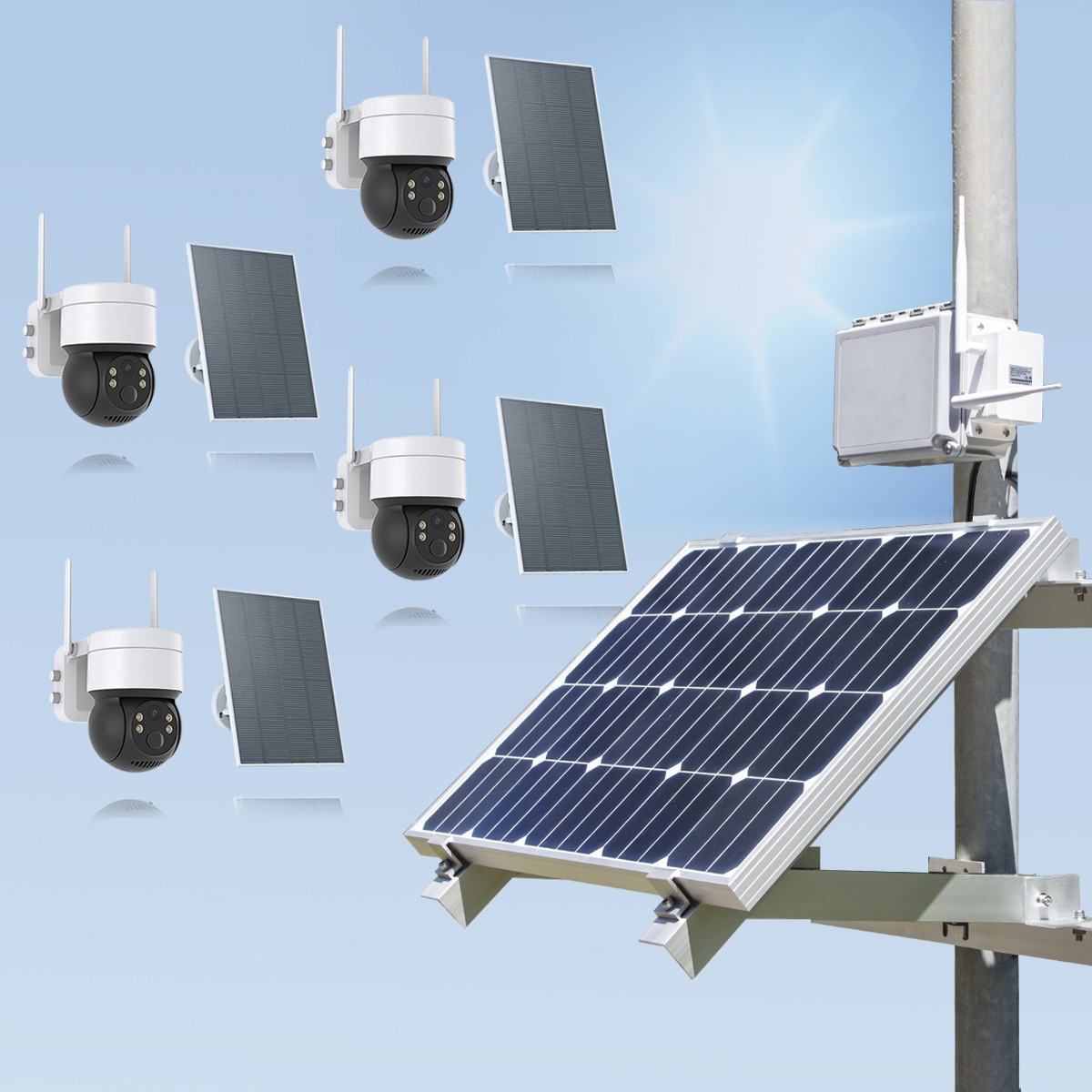 Kit videosurveillance 3G 4G autonome solaire waterproof avec 4 caméras solaires WIFI UHD 2K 4MP detection humaine accès à distance via ios android 128Go 