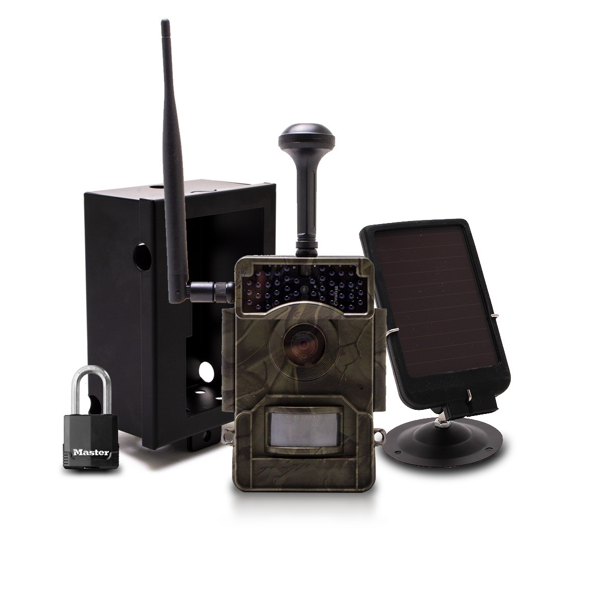 Caméra de chasse HD 1080P IR invisible GPS GSM 4G alerte push envoi photo et vidéo sur application iOS et Android serveur cloud e-mail et FTP avec batterie solaire et box antivandale