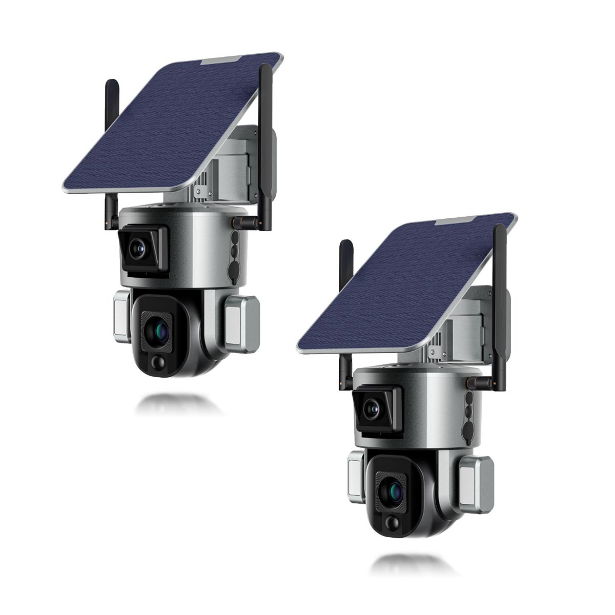 Kit de 2 Doubles caméras pilotables solaires Wifi Ultra HD 4K waterproof Zoom X10 autotracking IR détection de mouvement avec alarme et sirène compatible iOS et Android avec microSD 128 Go