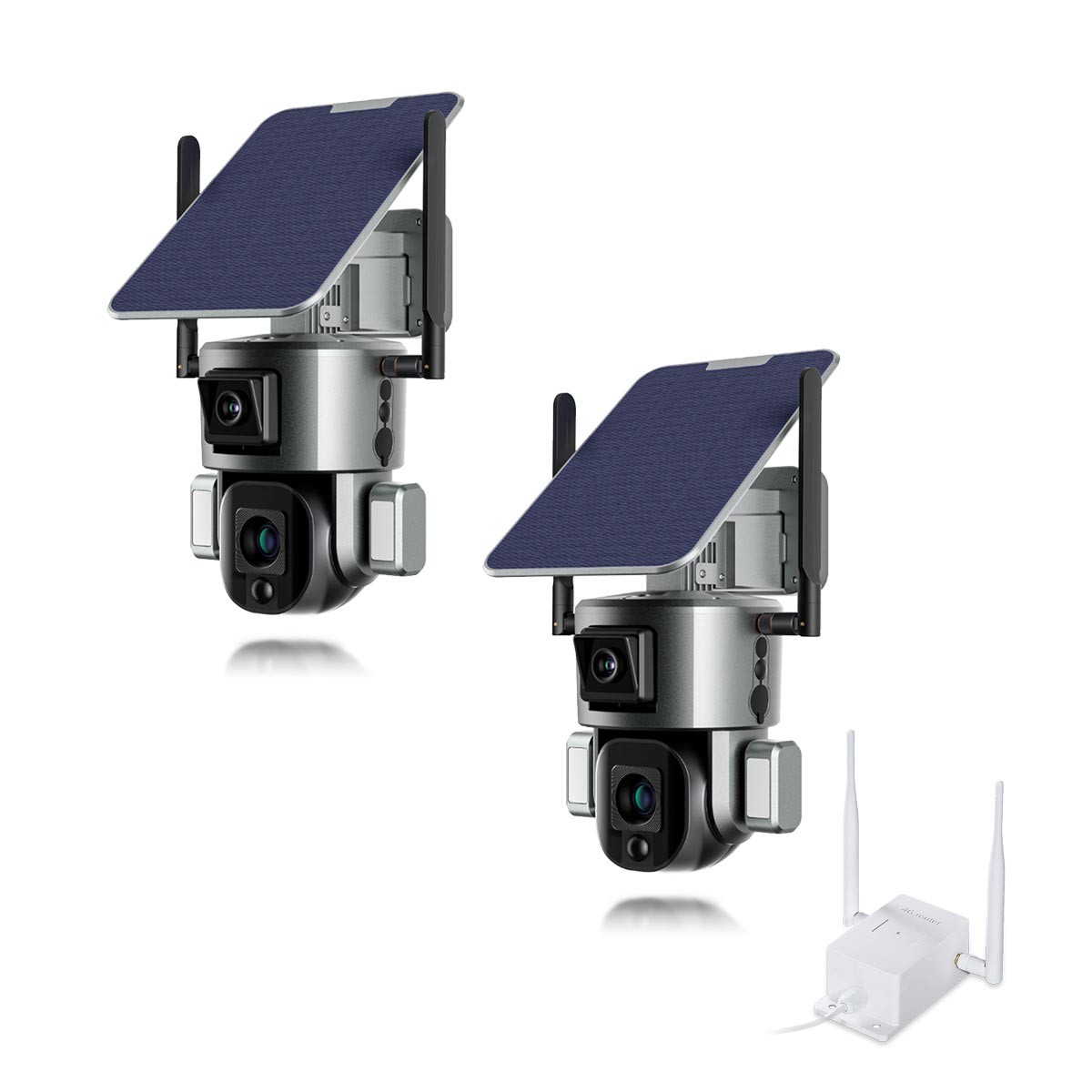 Kit de 2 doubles caméras pilotables solaires Wifi Ultra HD 4K waterproof Zoom X10 autotracking IR détection de mouvement avec alarme et sirène compatible iOS et Android avec microSD 128 Go avec routeur 3G 4G WiFi