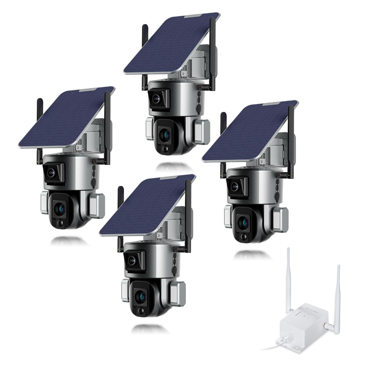 Kit de 4 doubles caméras pilotables solaires Wifi Ultra HD 4K waterproof Zoom X10 autotracking IR détection de mouvement avec alarme et sirène compatible iOS et Android avec microSD 128 Go avec routeur 3G 4G WiFi