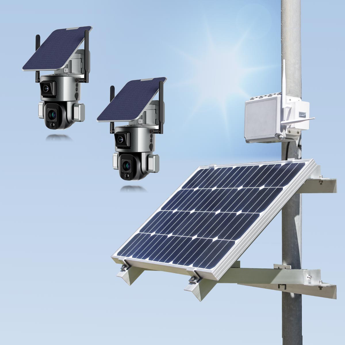 Kit vidéosurveillance 3G 4G autonome solaire waterproof avec 2 Doubles caméras 4K pilotables solaires Wifi waterproof Zoom X10 autotracking IR détection de mouvement avec alarme et sirène microSD 128 Go
