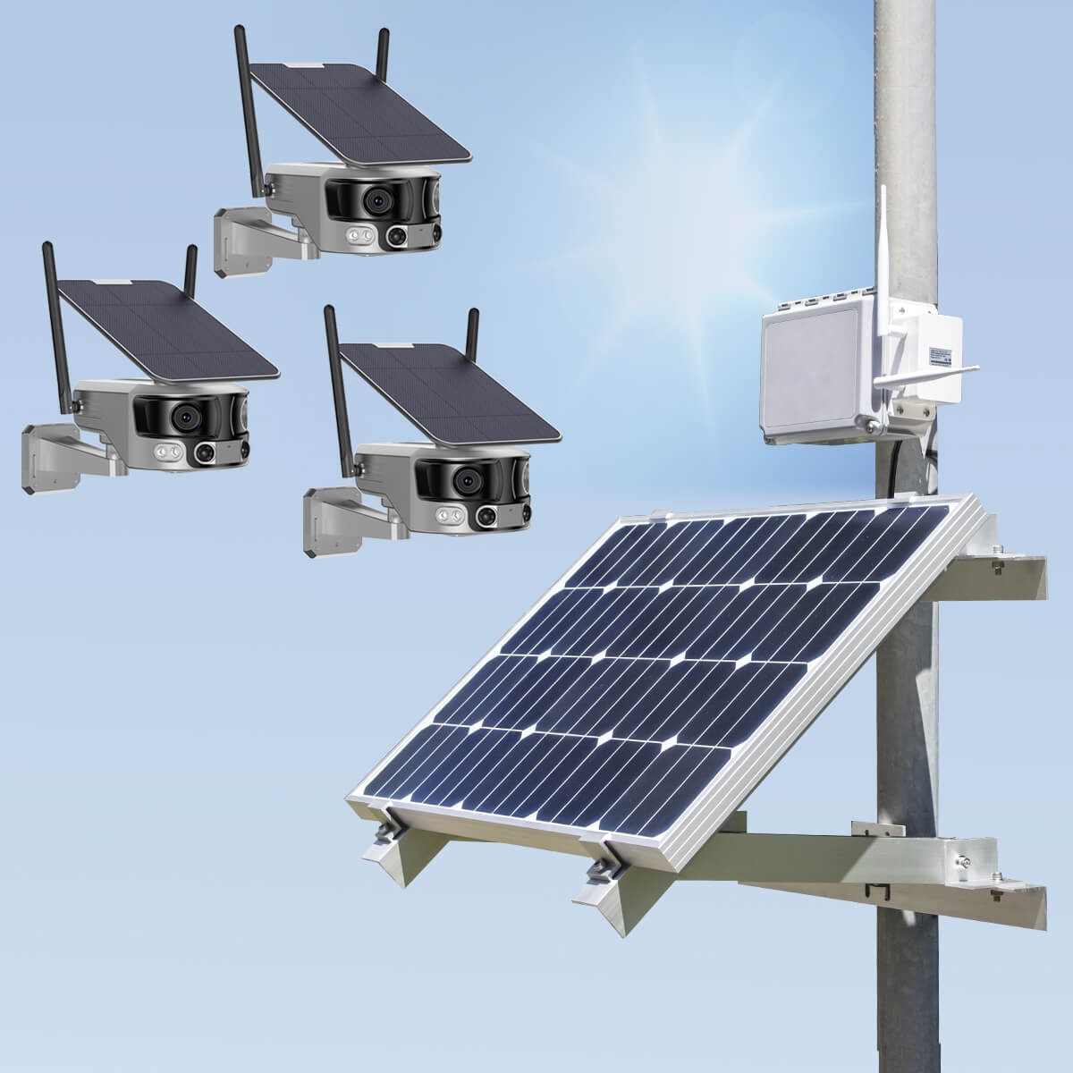 Kit vidéo surveillance 3G 4G autonome solaire avec trois caméras solaire WiFi Ultra grand angle double objectifs UHD 4K 8MP détection de mouvement alerte sirène 128Go