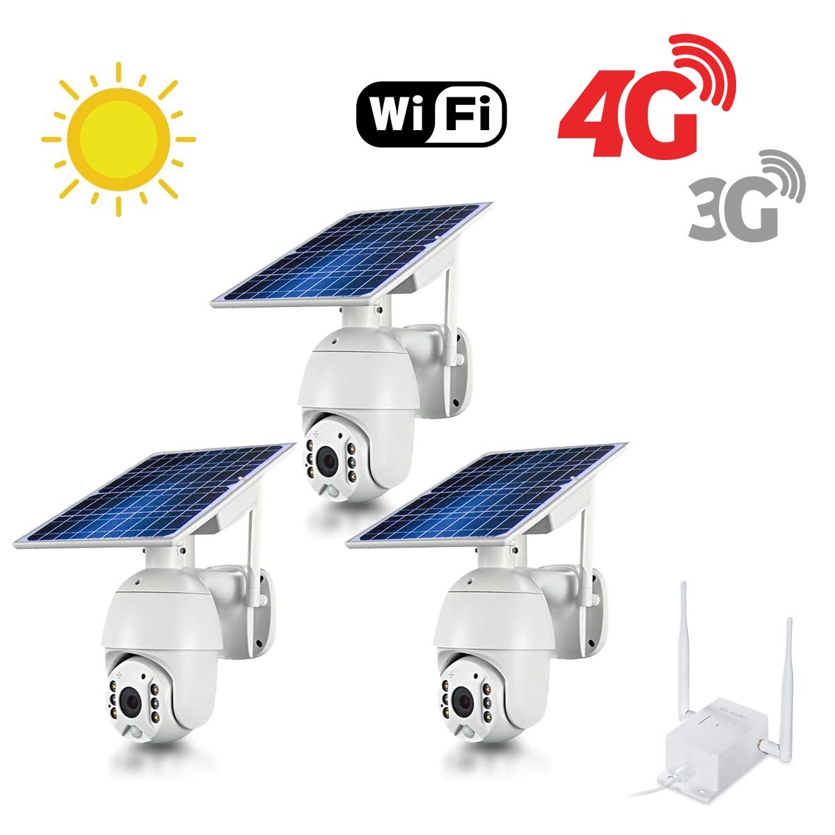 Kit 3 caméras pilotables solaires Wifi HD 1080P waterproof Infrarouges accès à distance via iPhone Android 64 Go inclus avec routeur GSM 3G 4G WiFi