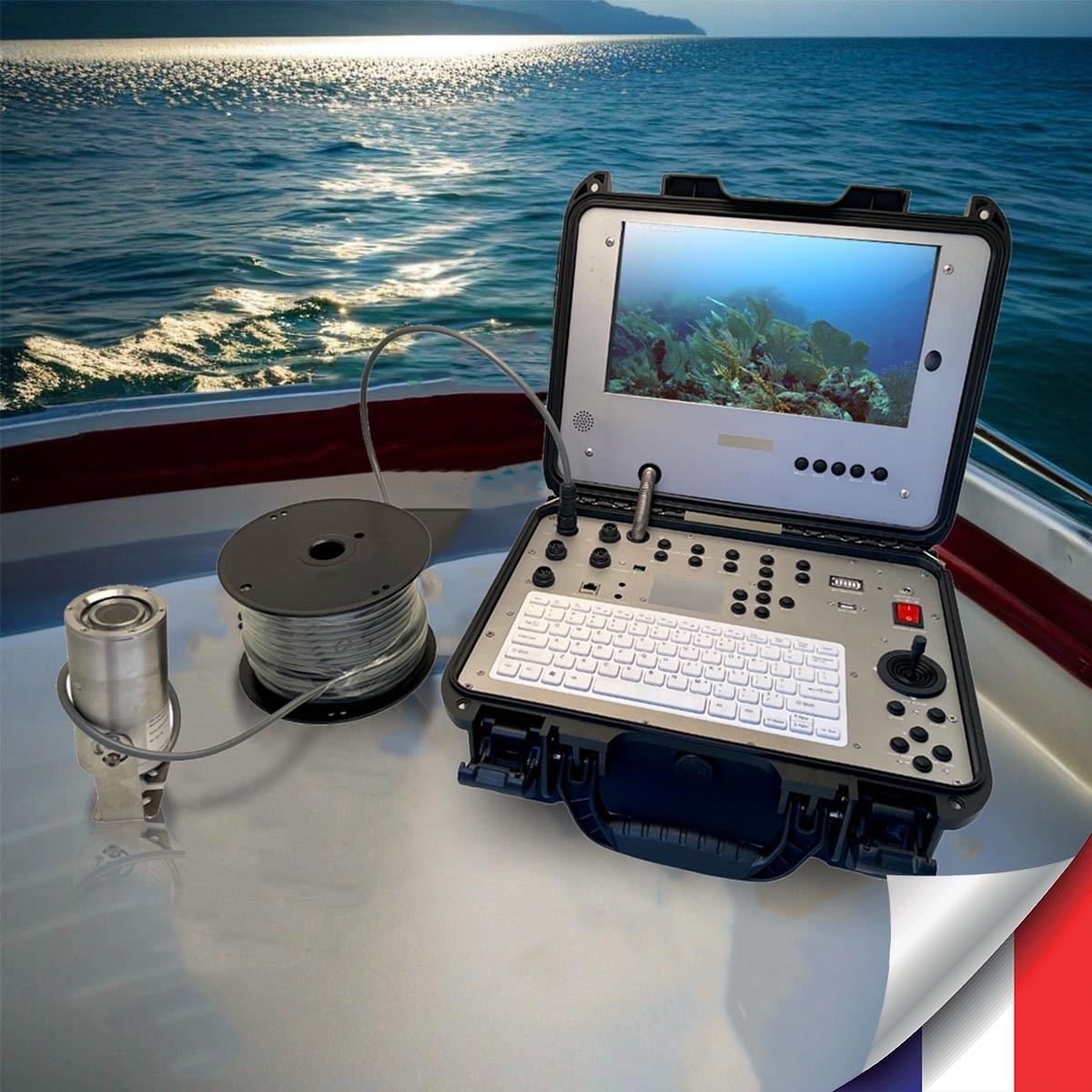 Valise d'inspection sous marine caméra inox Full HD 2 Mpx étanche câble 50 mètres système autonome écran LCD 13" enregistreur réseau HDD 1To