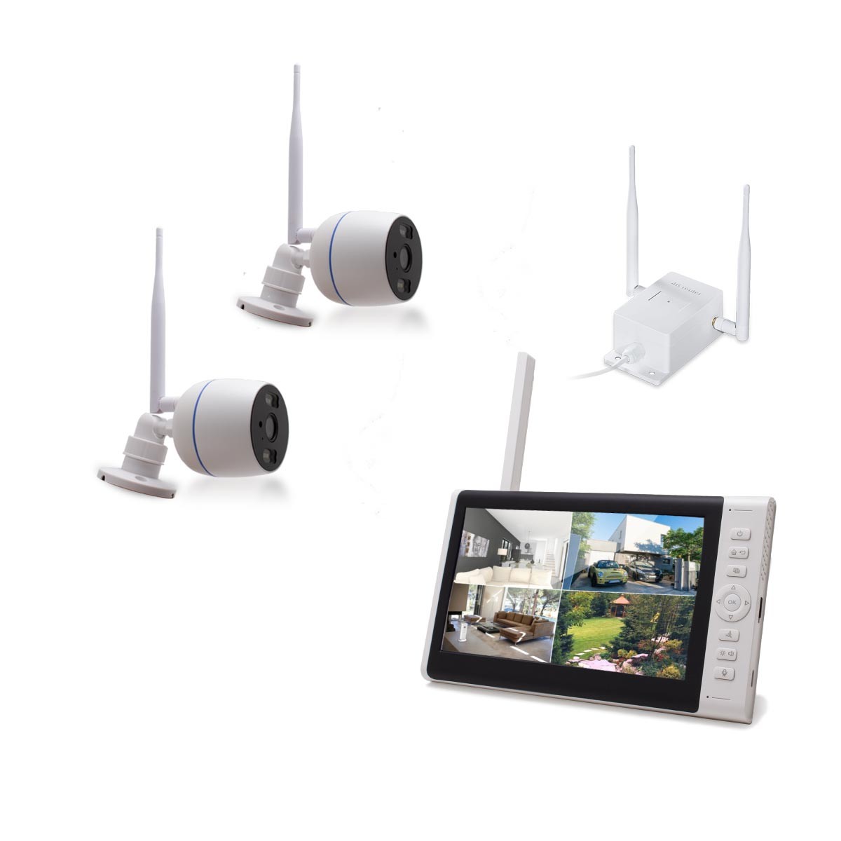 Kit vidéosurveillance 3G 4G avec 2 caméras WiFi Full HD IR IP66 avec intelligence artificielle et un écran LCD 7 récepteur enregistreur MicroSDHC 128Go