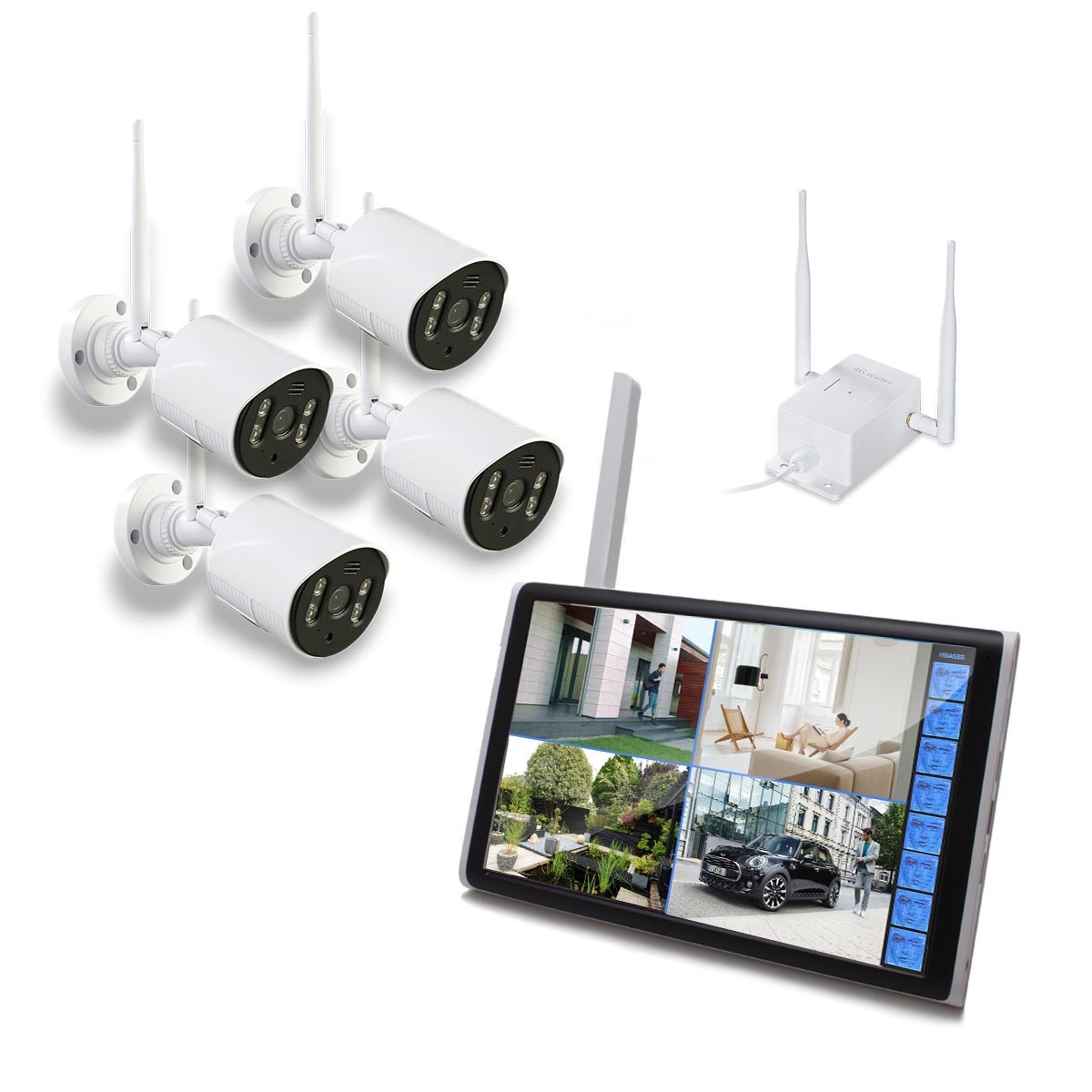 Kit vidéosurveillance 3G 4G avec 4 caméras WiFi Ultra HD IR IP66 avec intelligence artificielle et un écran LCD 10.1 récepteur enregistreur HDD 1To