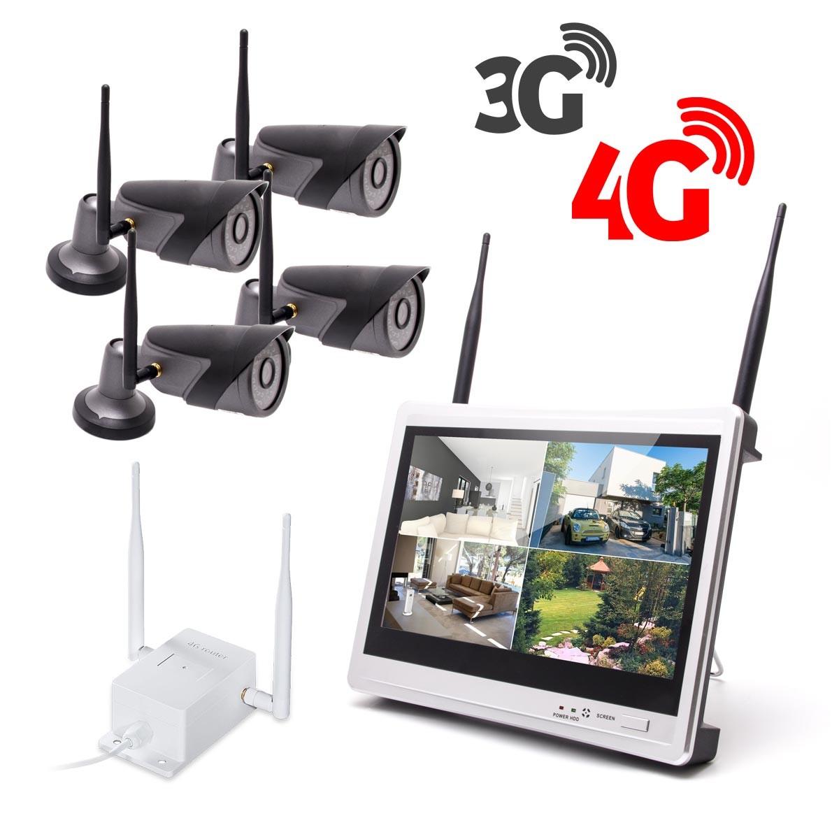 Kit vidéosurveillance 3G 4G avec 4 caméra WiFi HD 1080P et un écran LCD 12.5 récepteur enregistreur HDD 1To