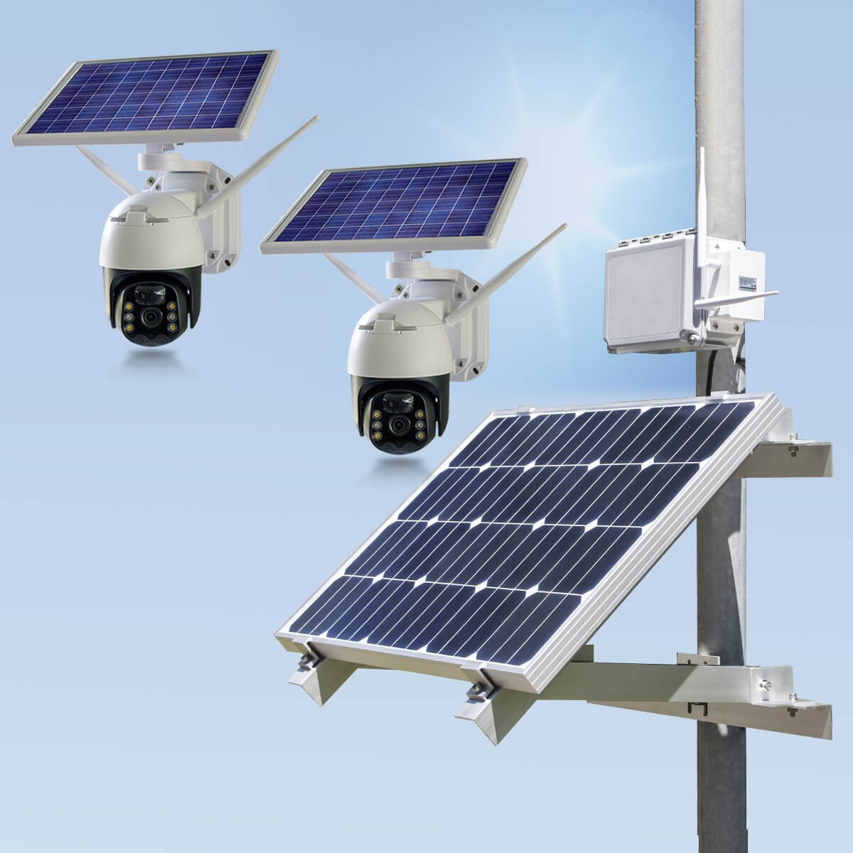 Kit vidéosurveillance 3G/4G autonome solaire waterproof avec 2 caméras pilotables solaires WIFI Ultra HD 2K détection humaine 128 Go