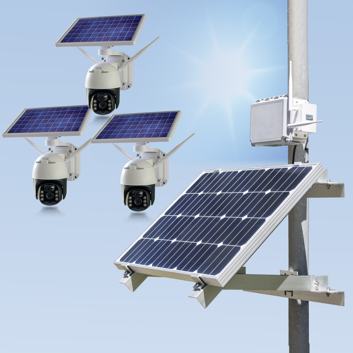 Kit vidéosurveillance 3G/4G autonome solaire waterproof avec 3 caméras pilotables solaires WIFI Ultra HD 2K détection humaine 128 Go
