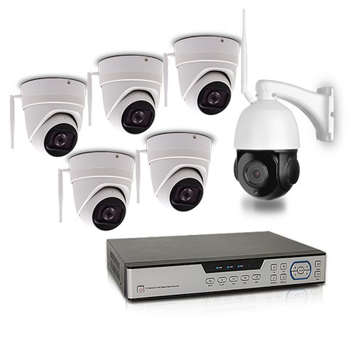 Kit de vidéosurveillance intérieur extérieur avec enregistreur IP 1To et 5 caméras dôme WiFi 4Mpx  et 1 caméra pilotable PTZ HD 1080P WIFI