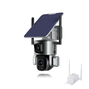 Double caméra pilotable solaire Wifi Ultra HD 4K waterproof Zoom X20 autotracking IR détection de mouvement avec alarme et sirène compatible iOS et Android avec microSD 128 Go avec routeur 3G 4G WiFi