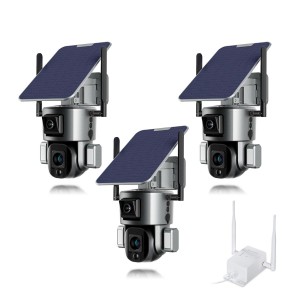 Kit de 3 doubles caméras pilotables solaires Wifi Ultra HD 4K waterproof Zoom X20 autotracking IR détection de mouvement avec alarme et sirène compatible iOS et Android avec microSD 128 Go avec routeur 3G 4G WiFi