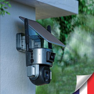 Double caméra pilotable solaire 4G Ultra HD 4K waterproof Zoom X10 autotracking IR détection de mouvement avec alarme et sirène compatible iOS et Android avec microSD 128 Go