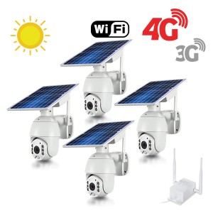 Kit 4 caméras pilotables solaires Wifi HD 1080P waterproof Infrarouges accès à distance via iPhone Android 64 Go inclus avec routeur GSM 3G 4G WiFi