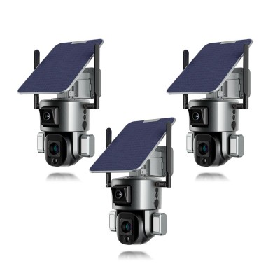 Kit de 3 Doubles caméras pilotables solaires Wifi Ultra HD 4K waterproof Zoom X10 autotracking IR détection de mouvement avec alarme et sirène compatible iOS et Android avec microSD 128 Go