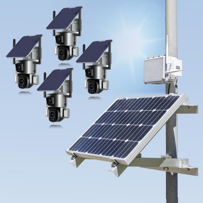 Kit vidéosurveillance 3G 4G autonome solaire waterproof avec 4 Doubles caméras 4K pilotables solaires Wifi waterproof Zoom X10 autotracking IR détection de mouvement avec alarme et sirène microSD 128 Go