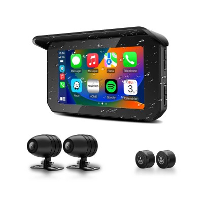 Kit CarPlay Moto Écran Tactile 5 pouces waterproof sans Fil navigation GPS avec Dashcam deux cameras HD et 2 capteurs pression pneus bluetooth 