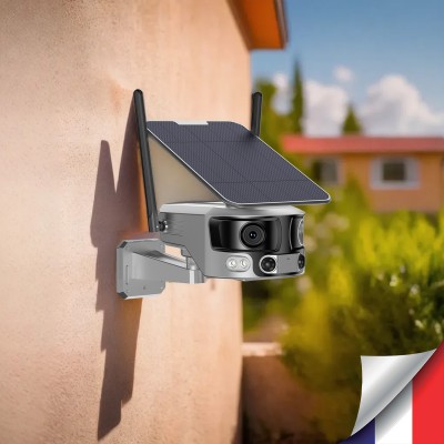 Caméra solaire WiFi Ultra grand angle double objectifs UHD 4K 8MP détection de mouvement avec alerte sirène waterproof 128Go
