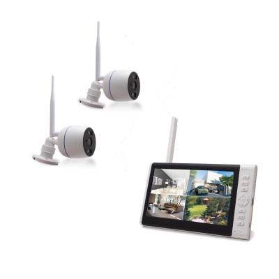 Kit vidéosurveillance WiFi 2 caméras Full HD IR IP66 avec intelligence artificielle et un écran LCD 7 récepteur enregistreur MicroSDHC 128Go